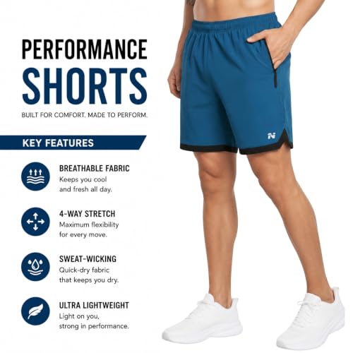 Image of NINQ Men's Sports Shorts Pack of 2 | Casual Gym Shorts with Side Zipper Pockets, Elastic Waist & Quick-Dry Comfort for Running & Workout