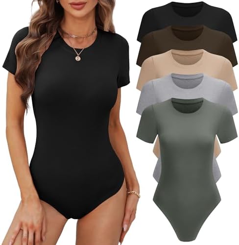 BALENNZ Women's 4/5 Pack Short Sleeve Round Neck Bodysuit Tops Crew Neck Basic Casual Tshirt Bodysuits