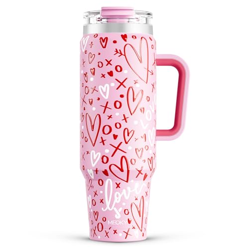 Image of Meoky 40 oz Tumbler with Handle and Straw, Insulated Tumbler with Lid and Straw, Stainless Steel Travel Mug, Keeps Cold for 34 Hours, 100% Leak Proof, Fits in Car Cup Holder (Fancy)