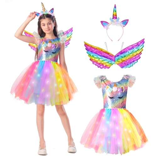 ZUCOS Disfraz de unicornio para niña con luces tutú, vestido de princesa, para cumpleaños, Halloween, carnaval (4-6 años, arco iris A)