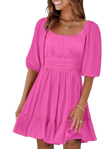 Image of ANRABESS Womens Lantern Short Sleeve Square Neck Casual Flowy Mini Dresses 2026 Holiday Summer Spring Beach Vacation Clothes