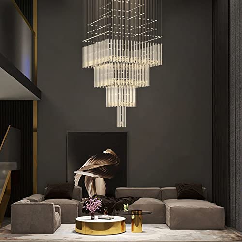 Siljoy Luxury Large Square Crystal Chandelier Hight Ceiling Chandelier, Modern Raindrop Led Ceiling Light Beautiful Flush Mount Chrome Fixture For Staircase Villas Foyer, W 31.5" X H 79", 24 Light #TOP1