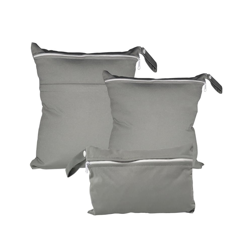Hixingo 3 Packs Wet Bag, Reusable Washable Nappy Stuff Sack, Portable Waterproof Wet Dry Organizer Bag Sack with Zipper Pockets, for Clothes, Swimming, Travel, Beach (Gray,3pcs)