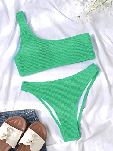 Image of YIMISAN Women's Ribbed Bikini Sets One Shoulder Top with Mid Waist Two Piece Bathing Suit