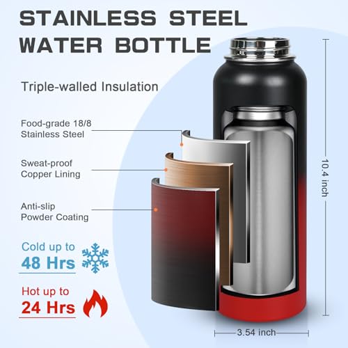 GAZLEMHO 40 oz Insulated Water Bottle with Straw& Spout 2-in-1 Lid, Triple Wall Vacuum Stainless Steel Cold 48H, Leak Proof Sports Metal Flask Jug with Paracord Handle, Black Red