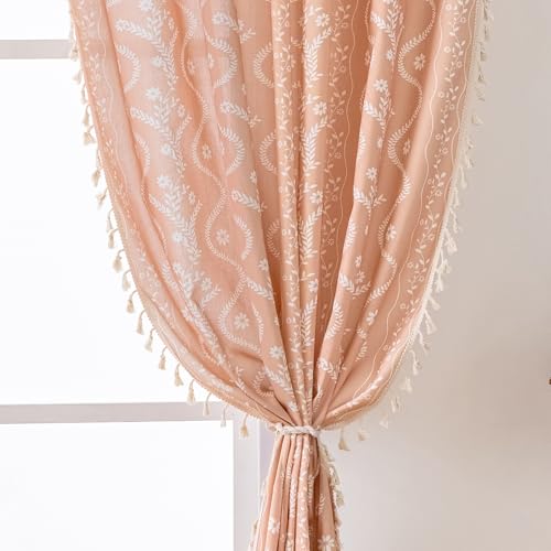 Image of Boho Curtains 84 Inch Long for Living Room, Bedroom, 2 Panels Floral Farmhouse Vintage Tassel Semi Sheer Light Filtering Privacy Window Curtain Drapes with Rod Pocket,Pink