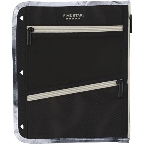 Five Star Pencil Pouch Pen Case 3-Pocket Zipper Pouch Fits 3-Ring Binder Storage Organizer for Classroom Supplies Earbuds Chargers Cables Makeup Black/Grey (506420A-ECM)