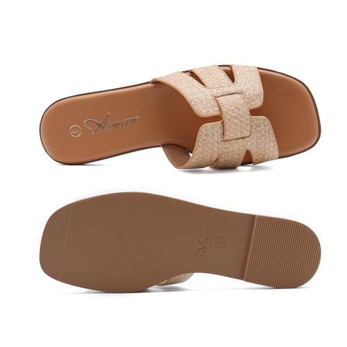 Athlefit Women's Flat Sandals Dressy Summer Square Open Toe Comfortable Slip On Leather Raffia Slide Sandals Size 8 — view 4