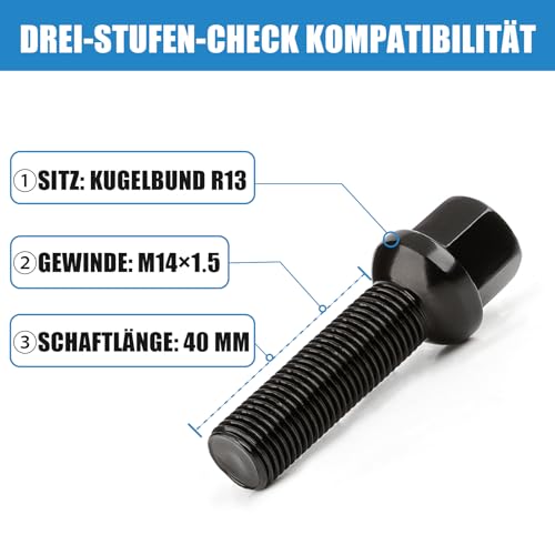 20 Verlängerte Radschrauben Radbolzen für Spurverbreiterungen I M14x1,5x40mm I Kugelbund SW 17mm I Kompatibel mitdie meisten Audi Volkswagen (Schwarz)