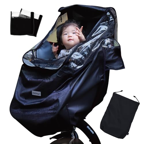 ハローエンジェル 自転車 子供乗せ 前 カバー チャイルドシート レインカバー フロント シートカバー 雨 防水 アームカバー 前乗せ 子供 電動自転車 幼稚園 保育園 前用 乗り降り簡単 つけっぱなし 雨 子乗せ (ブラック)