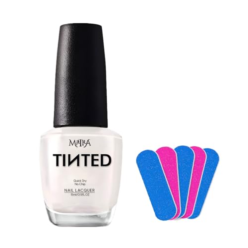 Image of Matra TINTED Pearly White Nail Polish Paint with 5 Mini Nail Filers (15ml) - Neutral Ivory Nail Enamel Quick Dry