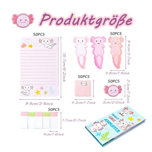 Axolotl Sticky Notes,550 Blätter To Do Liste,7-Typen Haftnotizen Set, Selbstklebende Klebezettel,Bunt Linierte Sticky Notes,Nette Cartoon Memo Set,Tagesliste Notizblock für Büro Zuhause Schule