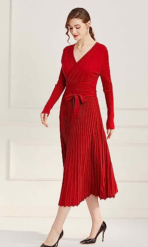 Image of Women's Long Sleeve Sweater Dress Ankle Length Fall Dress Vneck Knit Winter Dress