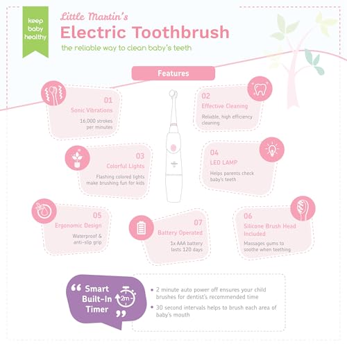 Image of Little Martin's: Baby Electric Toothbrush - Pink - Sonic Vibration, Flashing Lights, Timer, 2 Soft Bristle Heads, Gentle Cleaning, Kids Oral Care