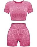 OLCHEE Womens Workout Sets 2 Piece - Seamless Acid Wash Yoga Outfits Leggings Shorts and Crop Top Matching Gym Activewear Athletic Clothing Set - Pink Small
