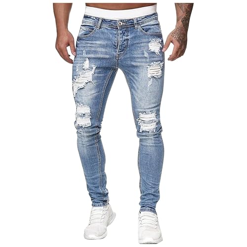 Men's Slim Fit Jeans Stretch Destroyed Ripped Skinny Jeans, Fashionable Destroyed Ripped Skinny Side Striped Denim Pants4