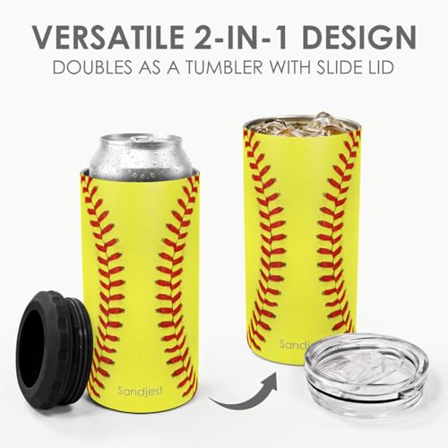 Image of Softball Can Cooler 12oz - Travel Mug Cups - Stainless Steel Insulated for Men Women Players - Tumbler Cans Koozie, Sport Gift for Fan Coach Lovers