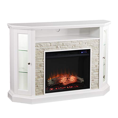 SEI Furniture Redden Faux Stone Corner Convertible Electric Fireplace with Media Storage, New Fresh White