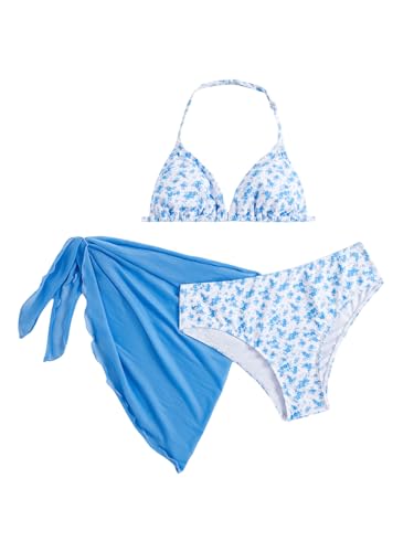 Image of SOLY HUX Girl's Summer Swimsuit Set Floral Halter Triangle Bikini Set with Wrap Skirts Beachwear
