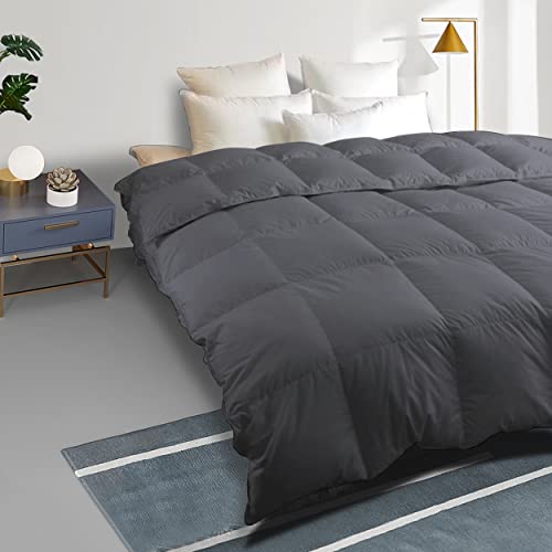 Feather Down Comforter Heavy Weight Queen Size Duvet Insert All Season, Sewn-Through Diamond Stitching Quilt with 8 Corner Tabs Deep Grey 90x90 Inches