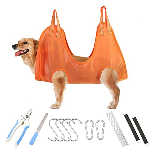 rngwaper Dog Grooming Hammock Harness for Dog, 12 in 1 Durable Dog Hammock, Breathable Pet Grooming Hammock Helper for Grooming, Hair/Ear/Eye/Teeth Care, Nail Trimming Orange
