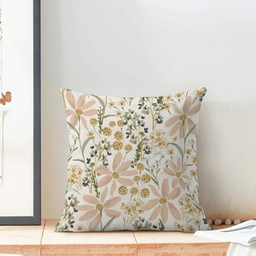 Sorktse Boho Floral Pillow Covers 18x18 Inch Set of 2 Vintage Daisy Floral Throw Pillows Boho Pink Green Outdoor Flower Pillowcases Spring Summer Seasonal Decor Linen Cushion Covers for Sofa Couch — view 3