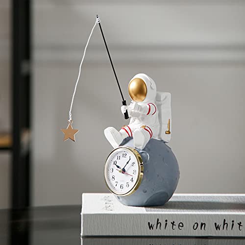 Astronaut Figure Clock For Desktop & Shelf, Battery Operated, Astronaut & Planet Figurine Statue For Office & Kids' Outer Space Themed Bedroom Decor, Decorative Small Table Clock, Fishing Star #TOP1