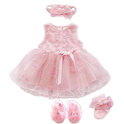 Baby Girls Tutu Dress Birthday Party Wedding Christmas Family Picture Dress Lace Princess Dress Headband Shoes Gift Set (Pink-Dress (4 Pcs Set), 3 Months) #TOP27