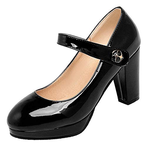 VOKLIN Women's Round Toe Platform Mary Jane Pumps Patent Leather Chunky Block High Heel Oxford Dress Shoes