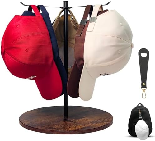 Rotating Baseball Cap Organizer & Travel Hat Clip Bundle, Wooden Hat Organizer for 12 Baseball Caps, Portable Hat Clip for Travel on Bag (Black)