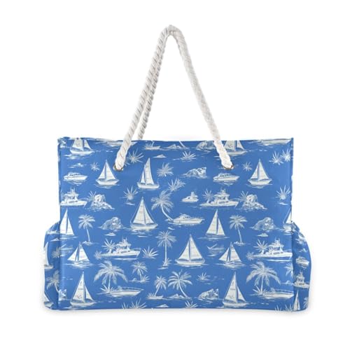JUNZAN Blue Tropical Sailboats Beach Tote Bag with Handles Beach Totes Bags for Women with Waterproof Pockets3