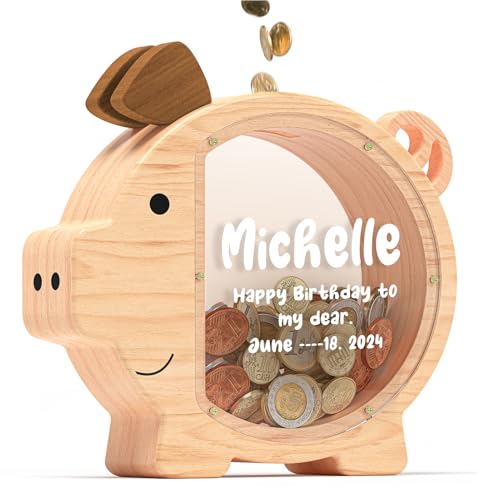 Image of Piggy Bank for Kids Boys,Natural Kids Piggy Bank with Creative DIY Stickers | Large Wooden Clear Coin Bank, Birthday & Toddlers Gifts, Personalized Money Box Toys for Child Cute Room Christmas Decor