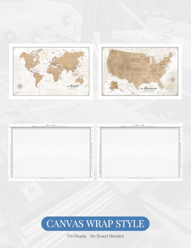 Image of IPIC - Vintage World Map & USA Map Canvas Wall Art Set of 2, Travel Art Prints for Office, Home, Study and RV, Push Pin Board Decor for Travel Lovers, Ready to Hang