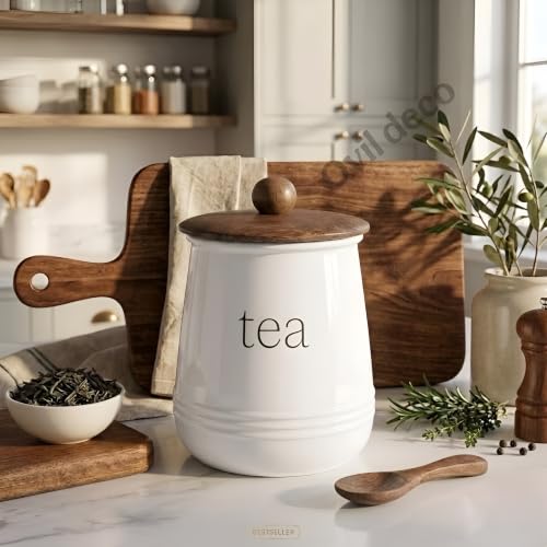 Image of Stylish Airtight Container for Kitchen, Tea Storage White, Metal with Wooden Lid & Spoon, 1000ml, Canister for Kitchen Counter top | Food-Safe Jar Set (Tea)