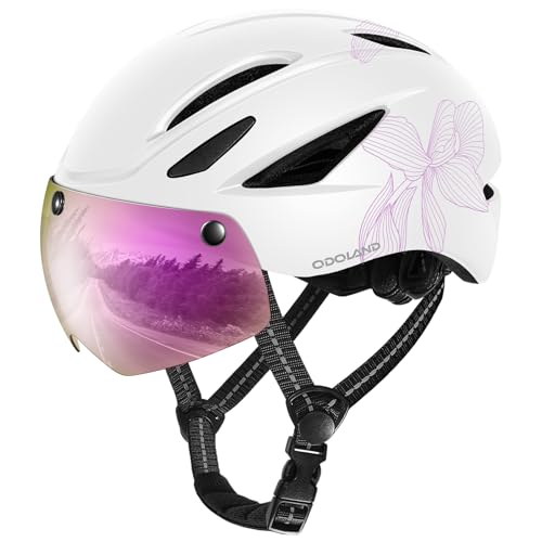 Odoland Adults Bike Helmet with Removable Magnetic Sun Visor, Adjustable Dial Fit Bicycle Cycling Helmet for Mountain Road Bike, Certified Lightweight MTB Ebike Helmet for Men Women,Elegant Magnolia