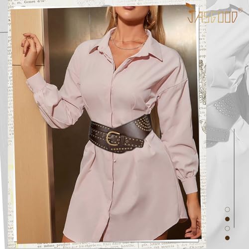 Jasgood Women Vintage Wide Elastic Belt Rivets Stretchy Waist Belt With Metal Buckle thumb #1