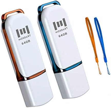 64GB USB 2.0 Flash Drive, with LED Light and Lanyards, exFAT Memory Stick for Computers, System Backup, Data Storage, Orange and Blue(Pack of 2)
