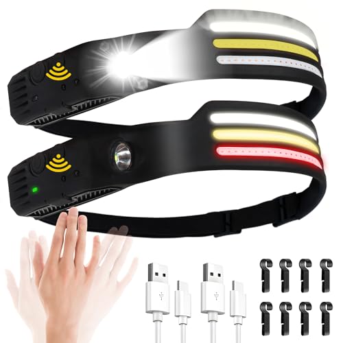 Image of 2 Packs Head Torch Rechargeable, Super Bright COB LED Head Torch 8 Lighting Modes Headlamp with Motion Sensor IPX4 Waterproof Lightweight Running Headlight for Running Cycling Camping Fishing