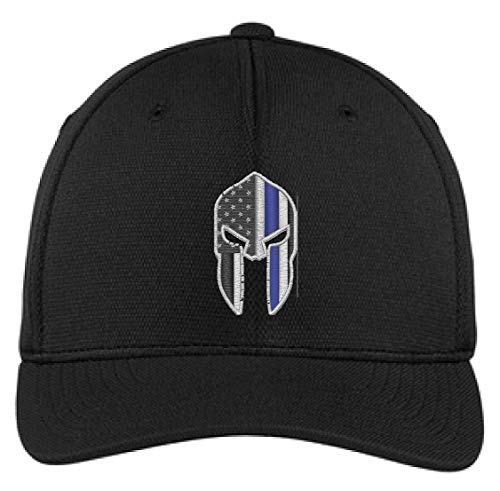 Embroidered Thin Blue Line Spartan Subdued American Flag Flexfit Flex Fit Baseball Trucker Hat (L XL, Black)