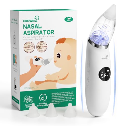 GROWNSY Nasal Aspirator for Baby | Baby Nose Sucker | Electric Nose Suction for Toddler, Ergonomic Booger Sucker with 3 Silicone Tips, Music & Light Soothing Function(White)