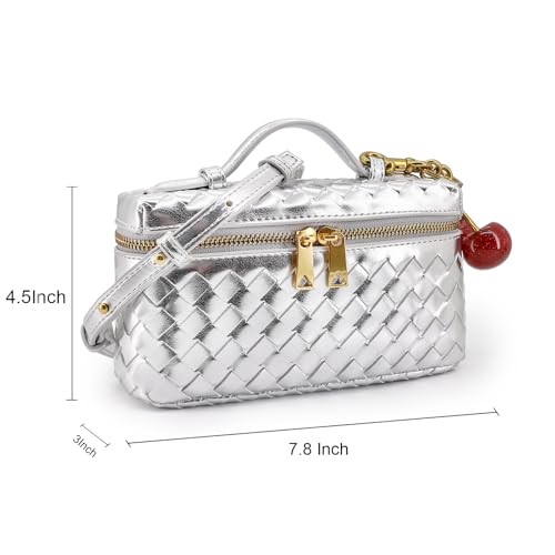 Image of Small Woven Box Crossbody Bags for Women Designer Leather Mini Top Handle Clutch Purse Square Vanity Bag with Cherry Charm