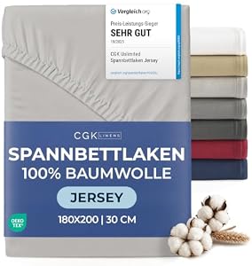 Spannbettlaken Jersey 180x200 cm - 100% Baumwolle weich & atmungsaktiv wärmend - Bettlaken Spannbetttuch mit Rundumgummi für Matratzen bis 30 cm & Boxspringbetten DE - Oeko-Tex zertifiziert - Hellgrau