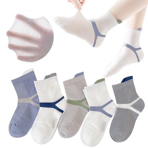 5 Pairs Boys Kids Cotton Ankle Socks with Heel Tab Mesh Breathable Eyelet Soft Athletic Crew Socks for Toddler