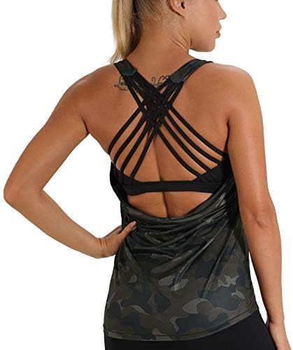 icyzone Damska koszulka sportowa z wbudowanym biustonoszem 2 w 1 do jogi, fitnessu, treningu