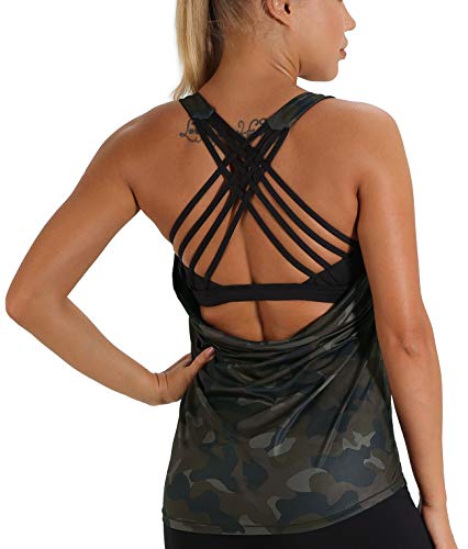 icyzone Damen Sport Tops mit Integriertem BH - 2 in 1 Yoga Gym Shirt Fitness Training Tanktop (M, Army Camo)