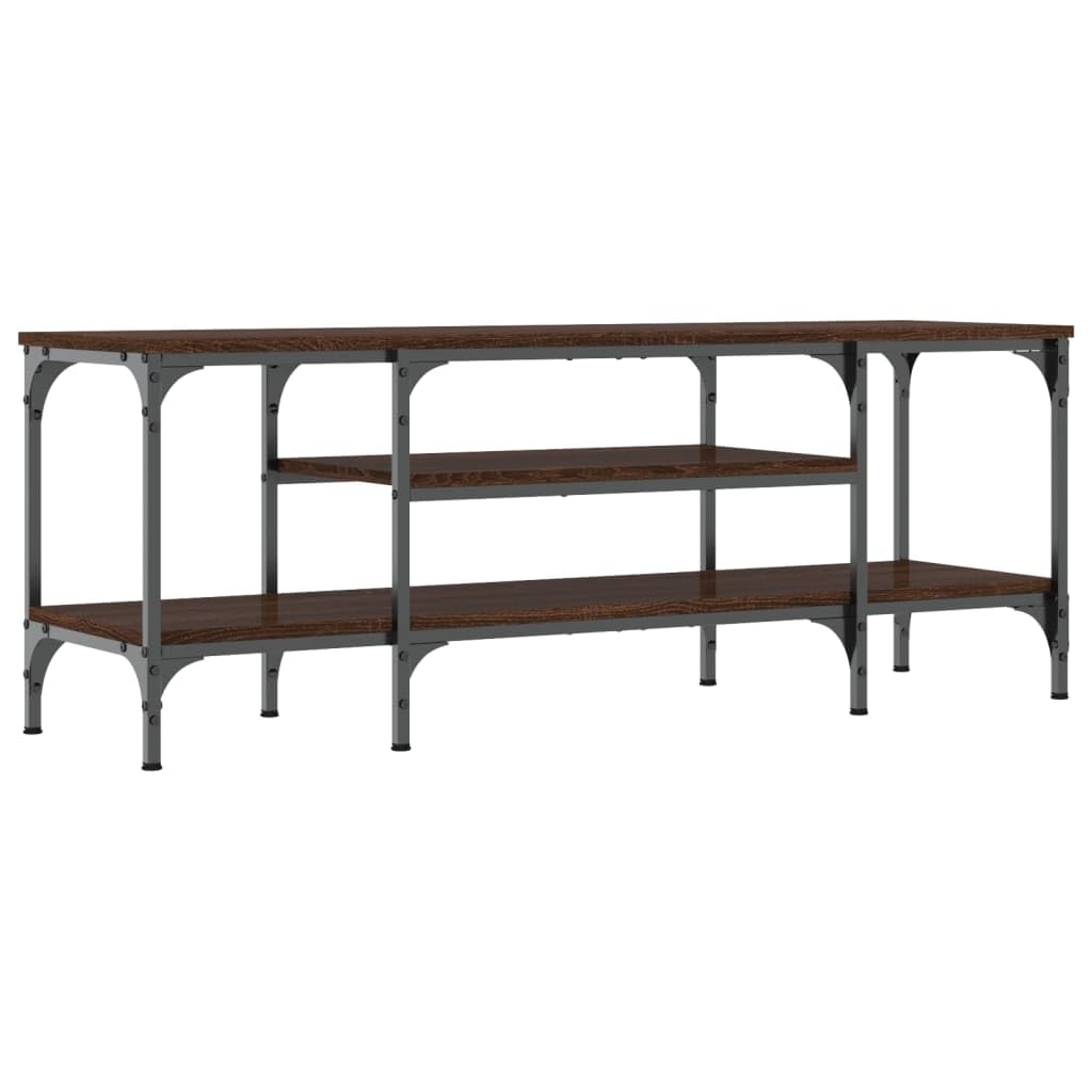 Mobile TV Consolino marrone effetto rovere 121 x 35 x 45 cm con ripiani e robusto piano superiore in legno e ferro per riporre e riporre oggetti