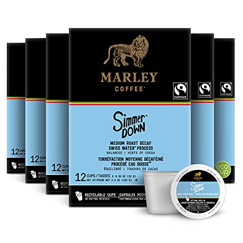 Marley Coffee Simmer Down Decaf, Swiss Water Process, Medium Roast Coffee, Keurig K-Cup Brewer Compatible Pods, 12 Count (Pack of 6)