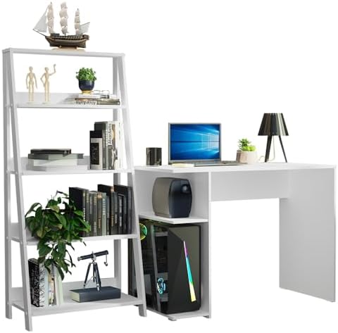 Madesa Compact Gaming Computer Desk with 2 Shelves + 5 Tier Ladder Shelf with Storage Space – White