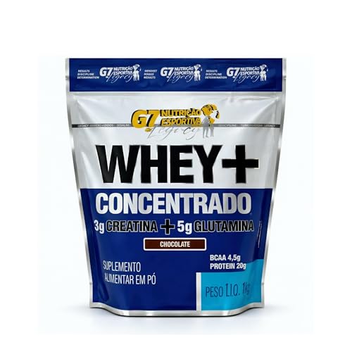 Embalagem refil de 1kg do Whey Concentrado G7 Nutrição Esportiva sabor chocolate com destaque para a adição de creatina e glutamina
