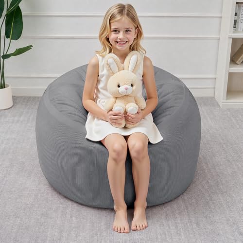 Image of 2FT Bean Bag Chair 2'Bean Bag Chairs with Memory Foam Filled Small Bean Bag | Bean bags with Machine Washable Cover Fine Corduroy Fabric, Comfy Chairs for Living Room, Bedroom, Dorm, Lightgrey